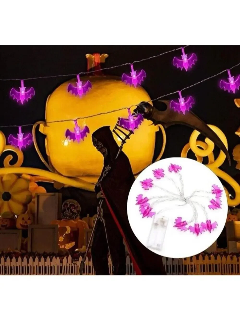 Halloween Purple LED Bat String Lights Indoor Outdoor Decor, 10pc, Battery, New